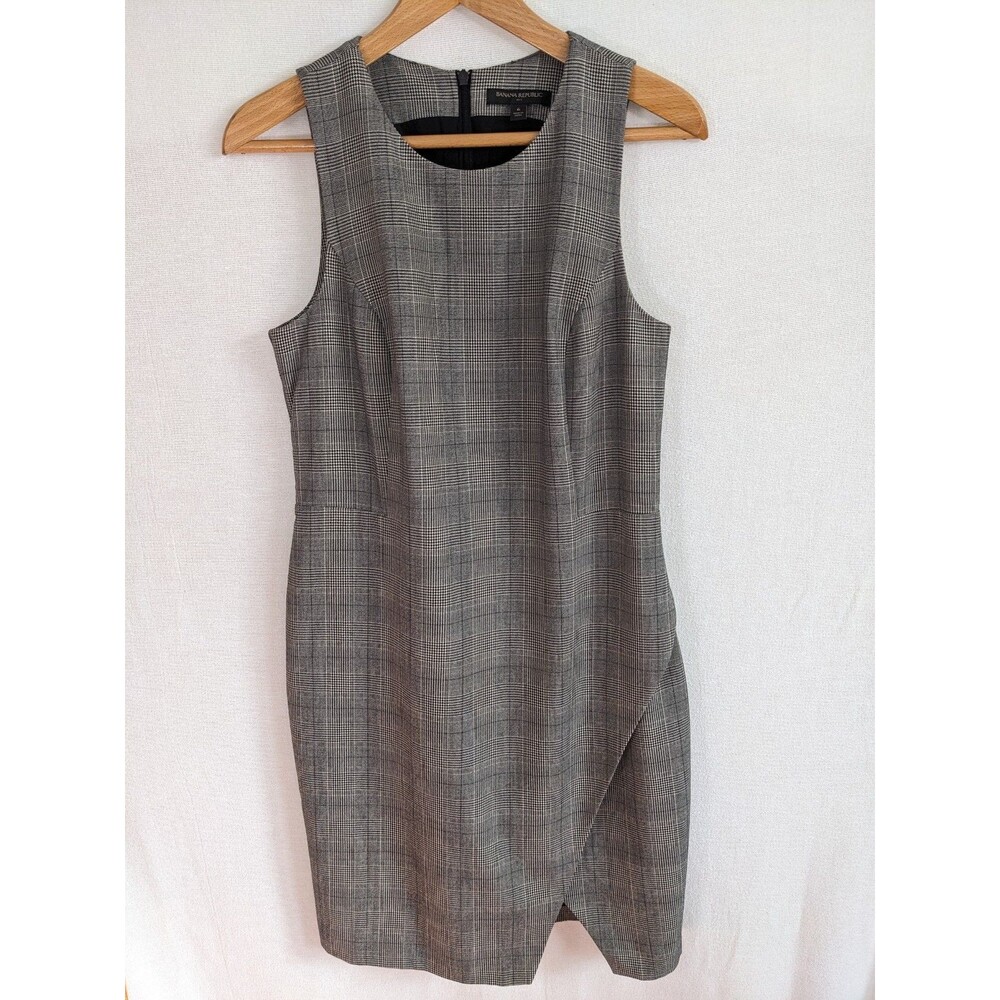 EUC Banana Republic Gray Black Faux-Wrap Sleeveless Plaid Dress Size 6